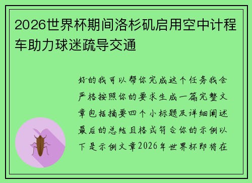 2026世界杯期间洛杉矶启用空中计程车助力球迷疏导交通 2026世界杯期间洛杉矶启用空中计程车助力球迷疏导交通