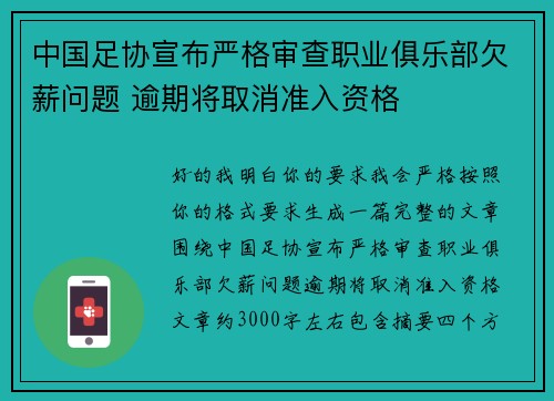 中国足协宣布严格审查职业俱乐部欠薪问题 逾期将取消准入资格 中国足协宣布严格审查职业俱乐部欠薪问题 逾期将取消准入资格