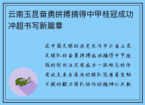 云南玉昆奋勇拼搏摘得中甲桂冠成功冲超书写新篇章 云南玉昆奋勇拼搏摘得中甲桂冠成功冲超书写新篇章